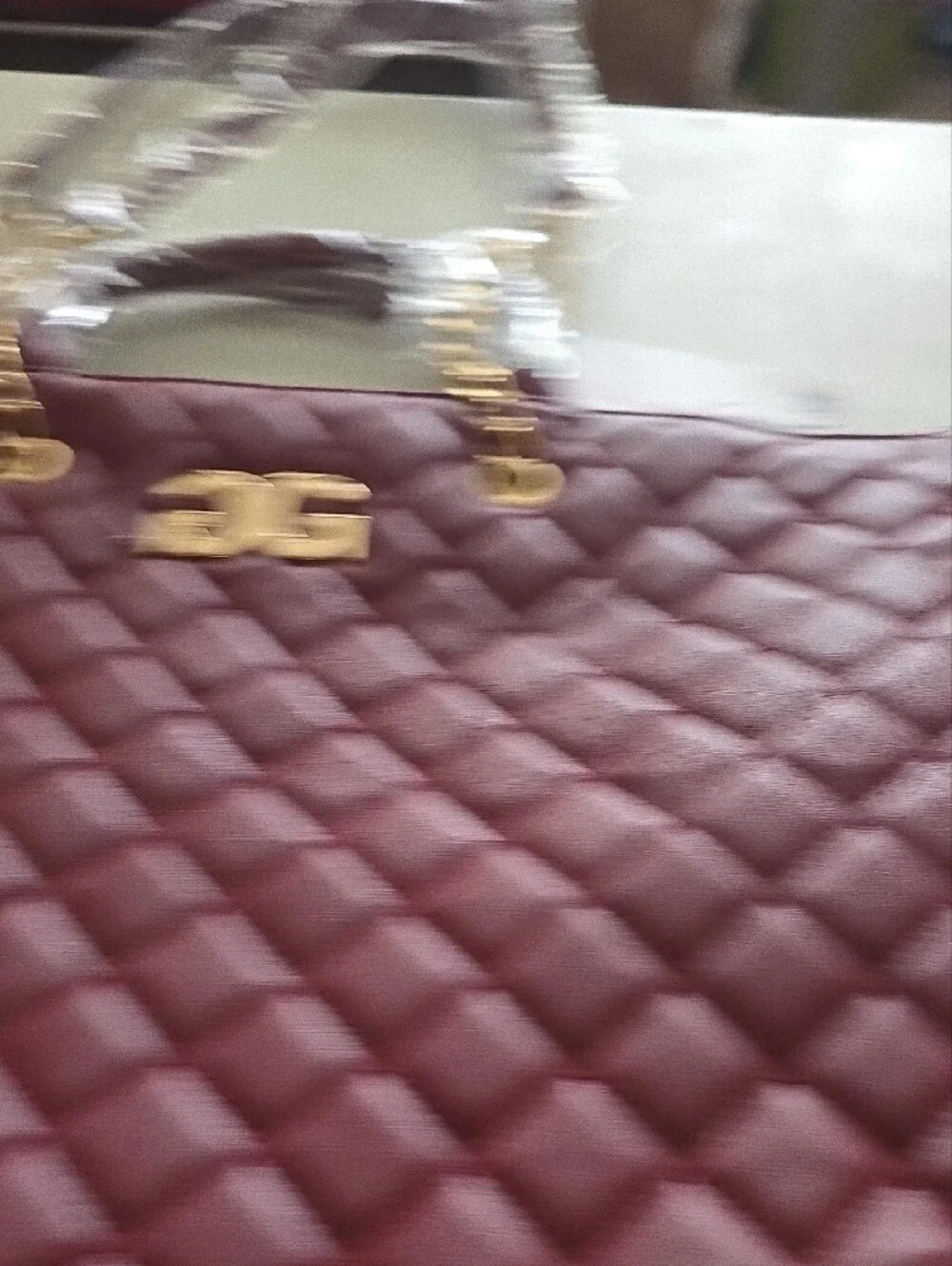 Quilted Tote Bag with Gold Chain Handles - Wine
